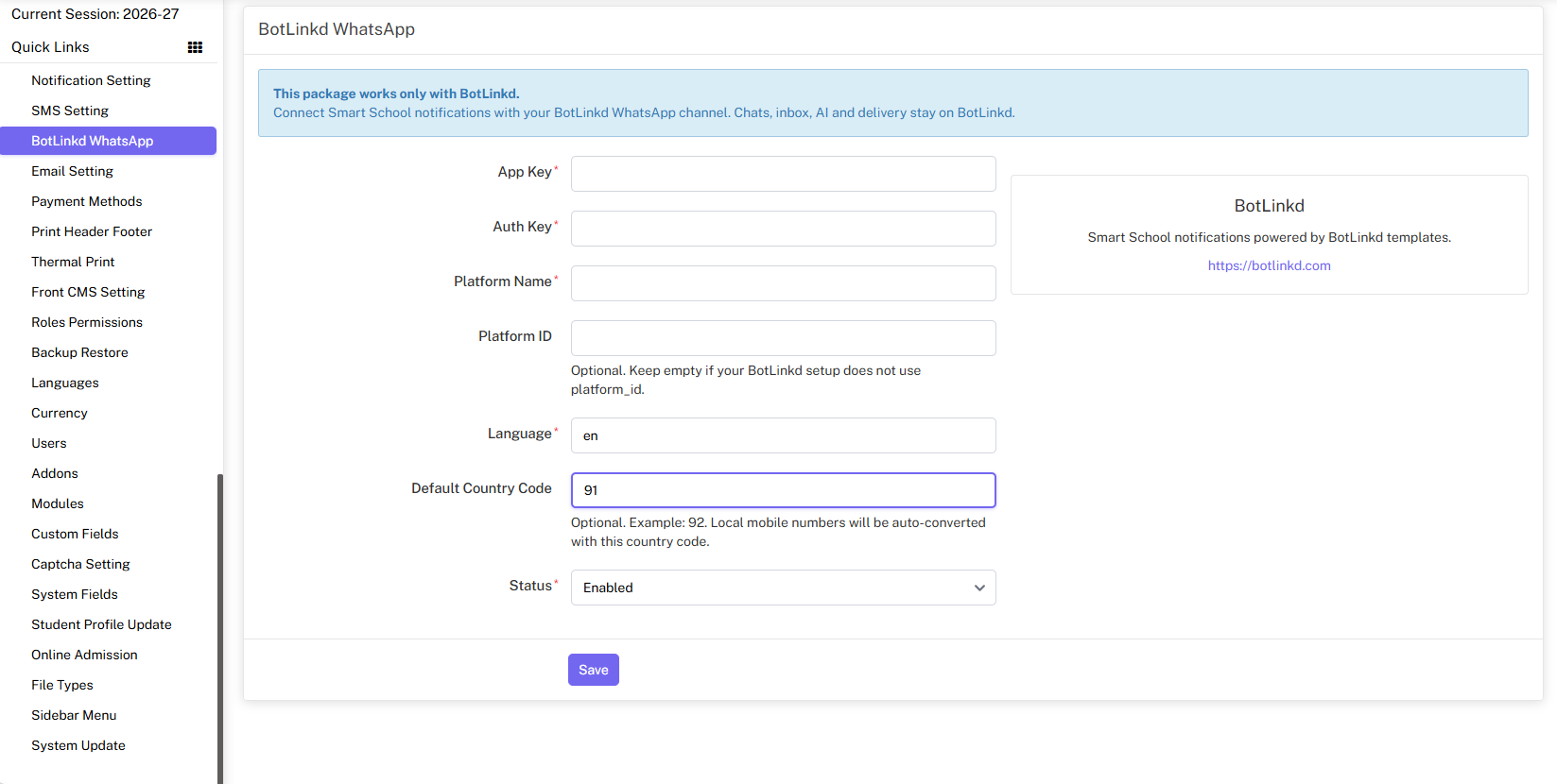 BotLinkd Smart School WhatsApp alerts plugin dashboard preview