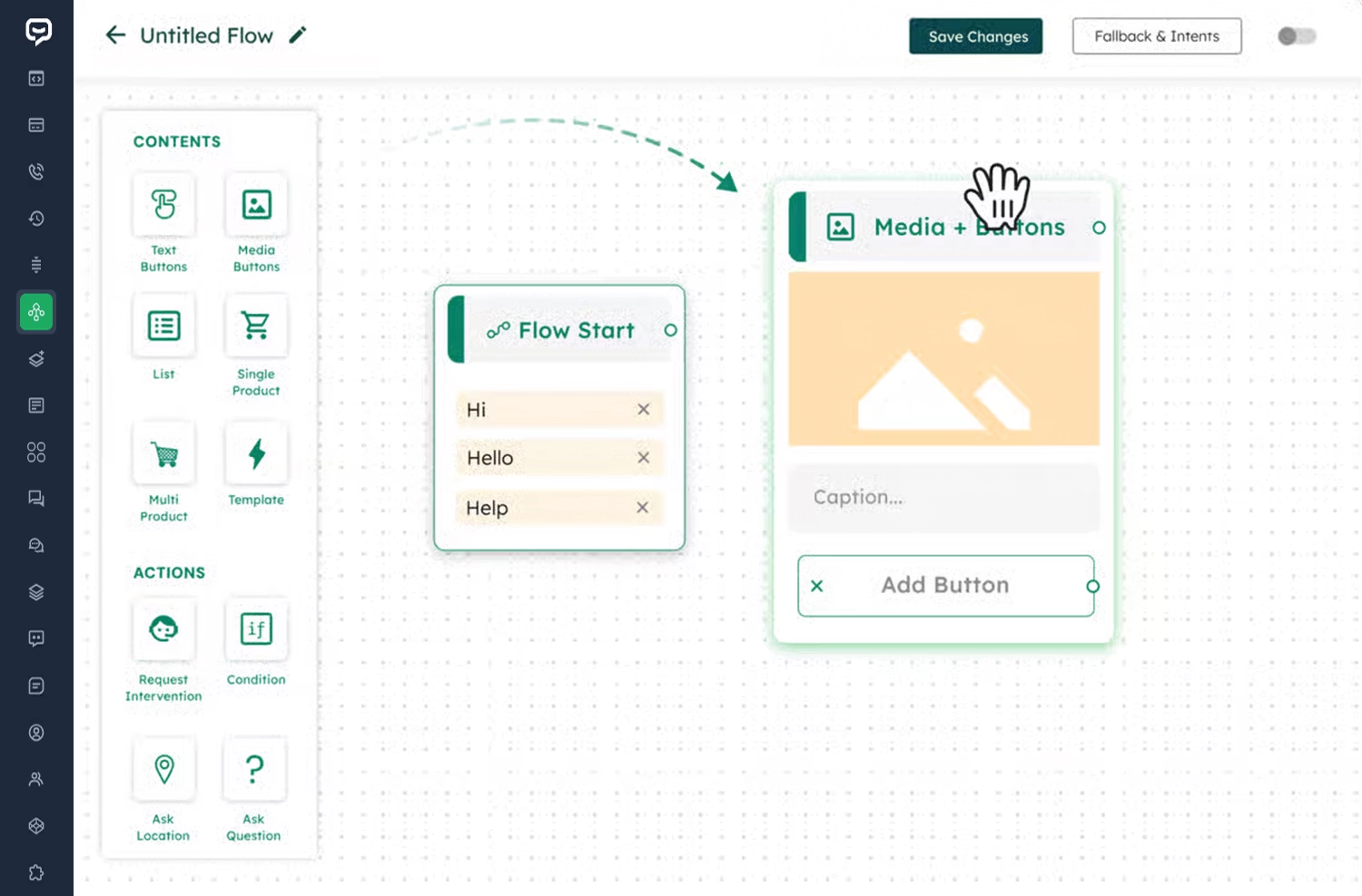 BotLinkd no-code WhatsApp chatbot flow builder with text, media, product, condition and intervention blocks