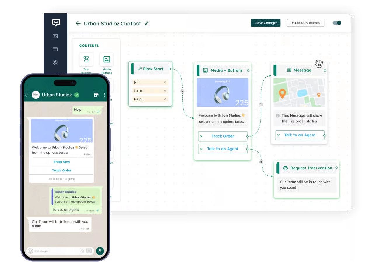 BotLinkd WhatsApp chatbot flow builder with a mobile conversation preview, media buttons, order tracking and human handover