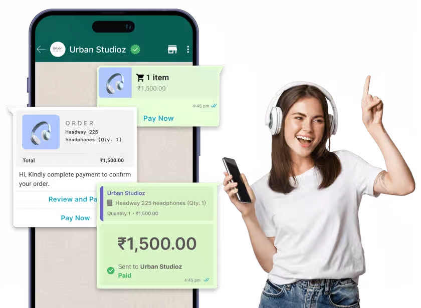 BotLinkd WhatsApp payment and order automation with a product card, review and pay actions and payment confirmation
