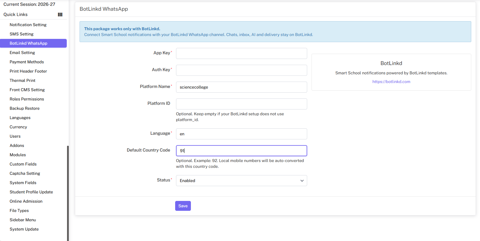 Smart School WhatsApp Alerts Plugin - Dashboard Preview